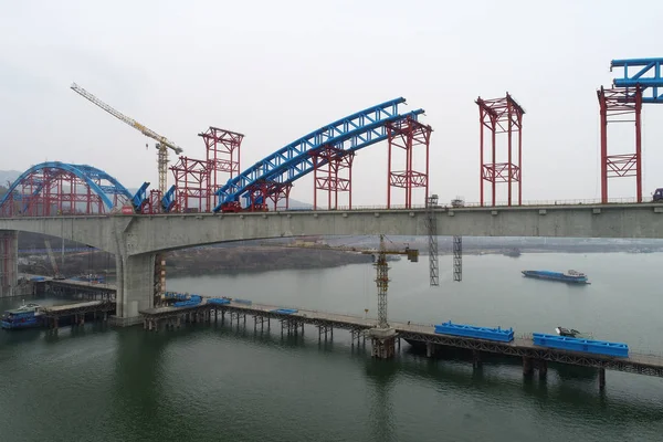 Visa Cuijiaying Hanjiang River Bridge Wuhan Shiyan Höghastighetsjärnvägen Konstruktion Xiangyang — Stockfoto