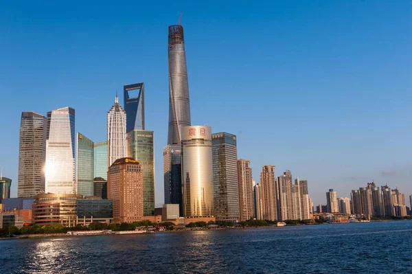 Skyline Huangpu River Lujiazui Financial District Shanghai Tower Construction Tallest — Stock Photo, Image