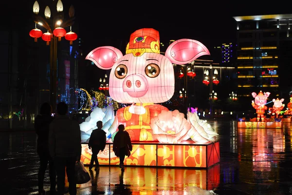 Local Residents Visit Pig Shaped Lantern Mark Upcoming Spring Festival — 图库照片