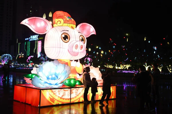 Local Residents Visit Pig Shaped Lantern Mark Upcoming Spring Festival — Stock Photo, Image