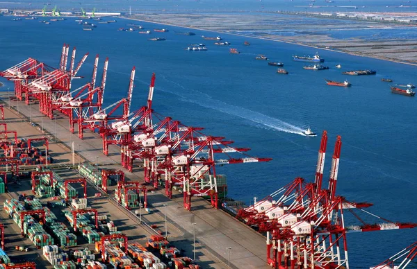 Vista Terminal Contêineres Porto Tianjin Longo Rio Haihe Tianjin China — Fotografia de Stock