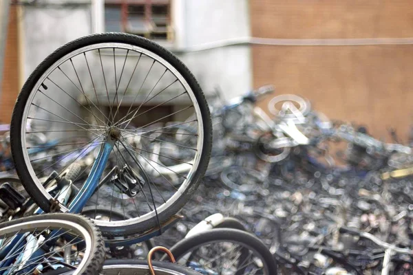 Las Bicicletas Desechadas Amontonan Frente Edificio Dormitorios Universidad Central Sur —  Fotos de Stock