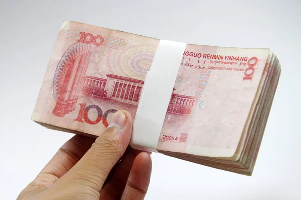 Man Shows Bundle Rmb Renminbi Yuan Banknotes Nan City East — Stock Photo, Image