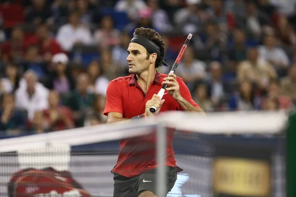Roger Federer Sviçre Nin Bir Atış Için Novak Djokovic Sırbistan — Stok fotoğraf