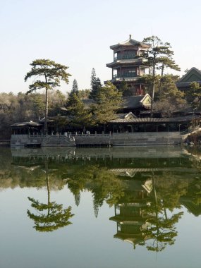 View of pavilions by a lake at the Chengde Mountain Resort in Chengde city, north Chinas Hebei province, 11 November 2005. clipart