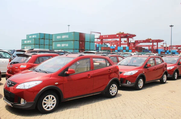 Haima Cars Shipped Lined Quay Port Haikou Haikou City South — Stock Photo, Image
