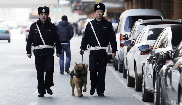 Oficiales Policía Chinos Perros Policías Patrullan Una Carretera Ciudad Shenyang — Foto de Stock