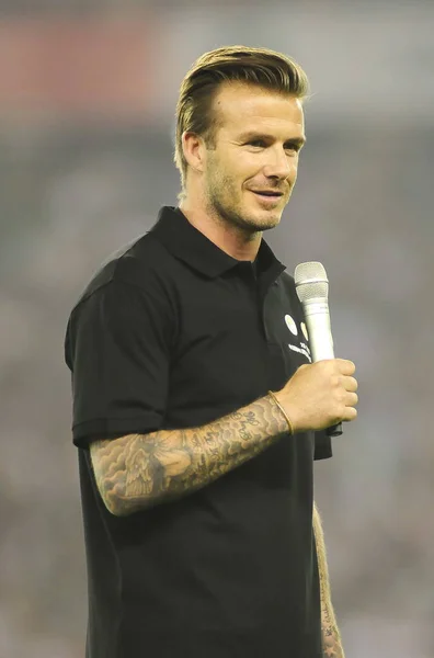 Superestrella Fútbol Inglesa David Beckham Habla Durante Medio Tiempo Partido —  Fotos de Stock