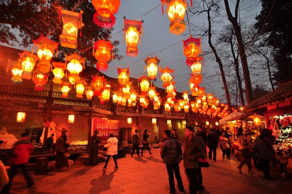 Tourists Walk Red Lanterns Lined Jinli Ancient Street Celebrate Chinese — Stock Photo, Image