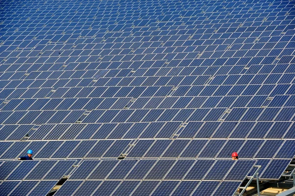 Trabajadores Chinos Revisan Matrices Paneles Solares Una Central Fotovoltaica Azotea —  Fotos de Stock