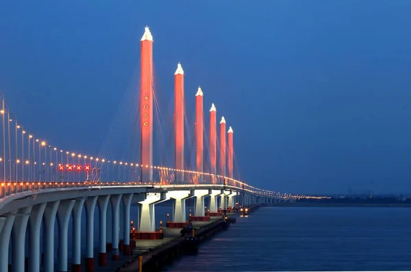 Lámpák Világít Éppen Befejezett Jiashao Cross Sea Bridge Shaoxing Kelet — Stock Fotó