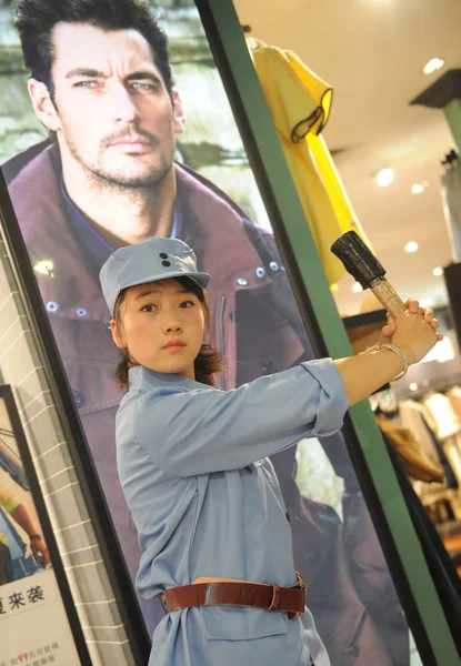 Chinese Clerk Dressed Blue Uniform Eighth Route Army Poses Fashion — Stock Photo, Image