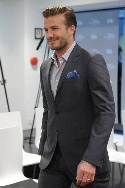 Estrela Futebol Inglês David Beckham Sorri Durante Evento Promocional Para — Fotografia de Stock