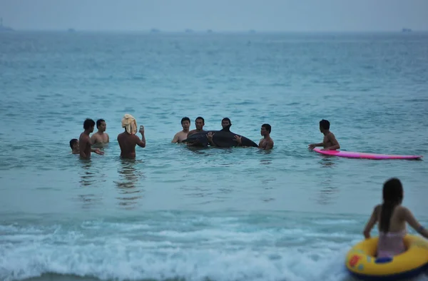 Turistas Posar Com Golfinho Encalhado Para Fotos Resort Praia Leste — Fotografia de Stock