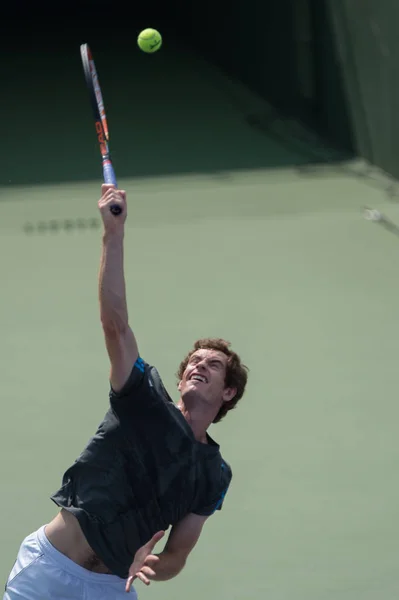 Andy Murray Británie Slouží Během Tréninku Pro Tenisový Turnaj 2014 — Stock fotografie