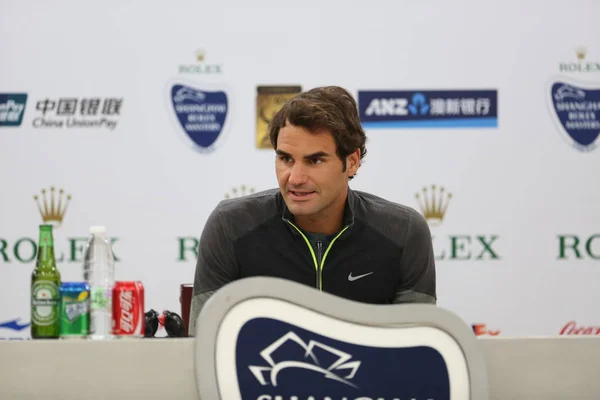 Der Schweizer Tennis Superstar Roger Federer Nimmt Einer Pressekonferenz Während — Stockfoto
