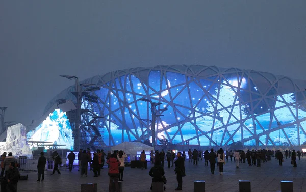 Nationalstadion Även Kallad Bird Nest Belyses Inför Nyår Countdown Olympic — Stockfoto