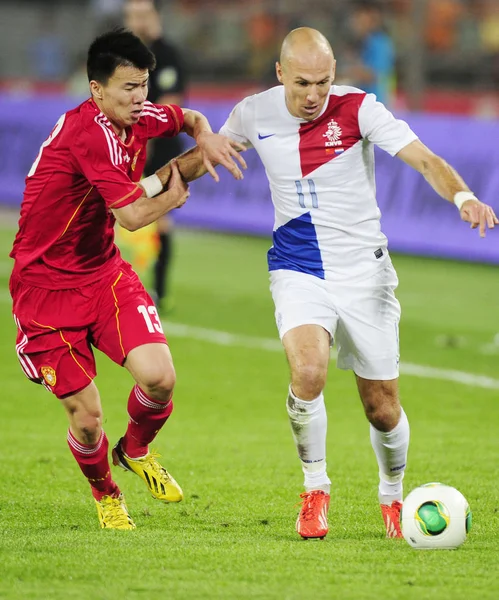 Arjen Robben Netherlands Right Challenges Sun China Friendly Soccer Match — Stock Photo, Image