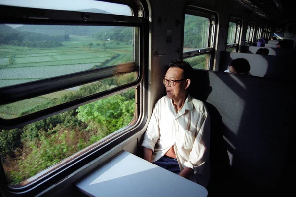 Pasażer Widzi Scenę Gruntów Rolnych Zielonej Skóry Pociąg Podróżuje Maoming — Zdjęcie stockowe
