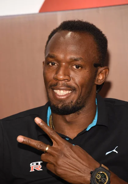 Jamaicaanse Sprinter Usain Bolt Vormt Tijdens Een Promotioneel Evenement Voor — Stockfoto