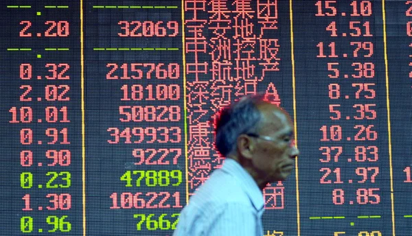 中国の投資家は 杭州市の株式仲買家 東中国浙江省 2014 月11日 株式の価格が表示される画面を通過した — ストック写真