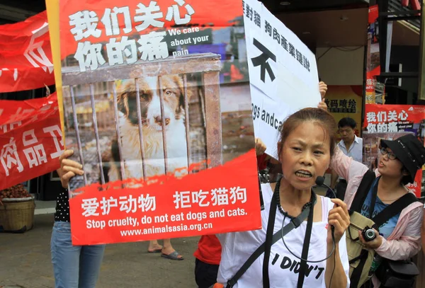 Activistas Protección Animal Sostienen Pancartas Para Protestar Contra Consumo Perros — Foto de Stock
