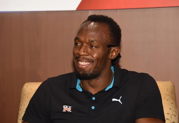 Jamaicaanse Sprinter Usain Bolt Glimlacht Tijdens Een Promotioneel Evenement Voor — Stockfoto