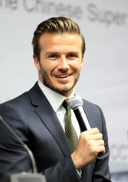 Anglické Fotbalové Superstar David Beckham Hovoří Tiskové Konferenci Nanjing City — Stock fotografie