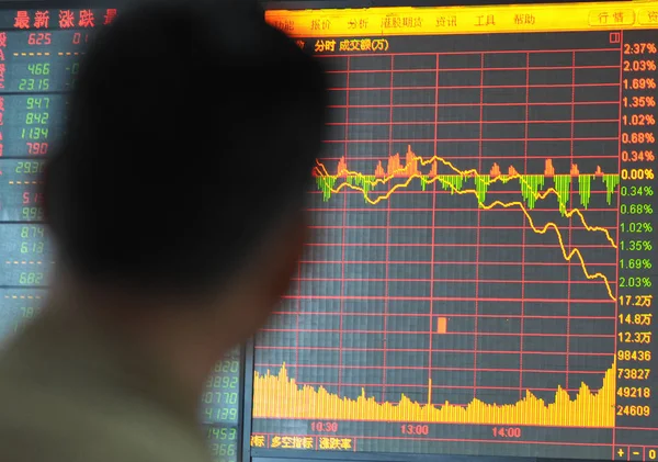 中国の投資家を見て 2014 東中国安徽省阜陽市で証券家で上海複合インデックス — ストック写真