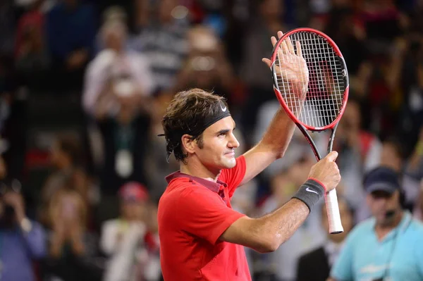 Роджер Федерер Швейцарии Празднует Победу Над Жилем Симоном Франции Финальном — стоковое фото