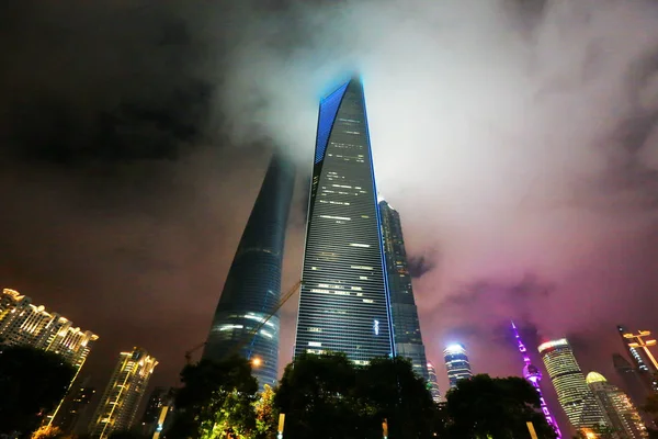 Noční Pohled Shanghai Tower Výstavbě Nejvyšší Vlevo Shanghai World Financial — Stock fotografie