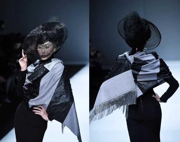 这张合成照片展示了中国时装设计师胡雪光在2014年3月30日于中国北京举行的2014中国时装周秋冬时装秀上的新作品 — 图库照片