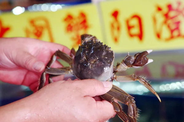 Vendedor Chino Muestra Cangrejo Peludo Una Tienda Tongchuan Road Seafood — Foto de Stock