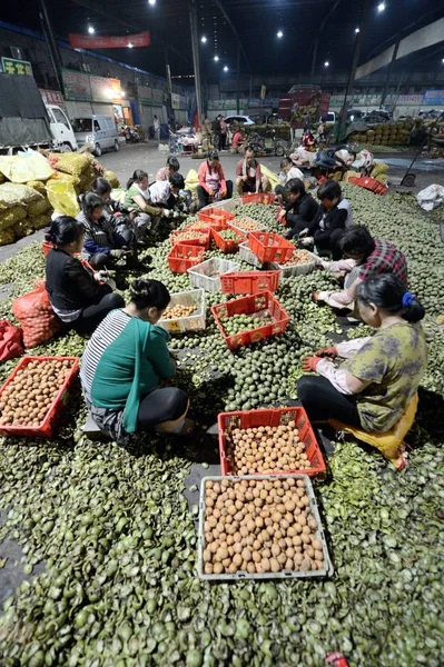Женщины Китаянки Отскребают Грецкие Орехи Время Сбора Урожая Рынке Деревне — стоковое фото