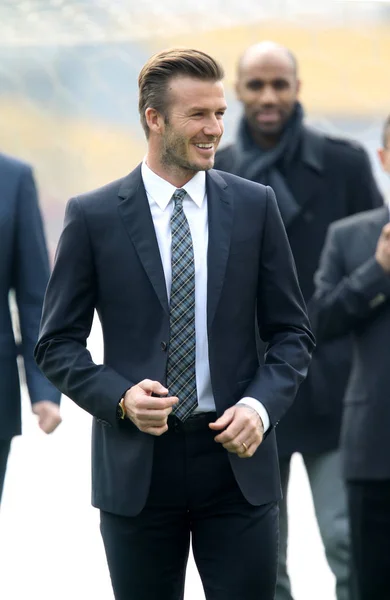 Superstar Soccer Angielski David Beckham Uśmiecha Się Podczas Jego Wizyty — Zdjęcie stockowe