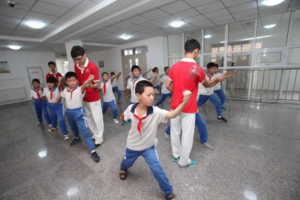Chinese Coaches Instrueren Chinese Studenten Martial Arts Beoefenen Wushu Tijdens — Stockfoto