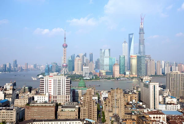 Skyline Puxi Floden Huangpu Och Lujiazui Financial District Med Oriental — Stockfoto