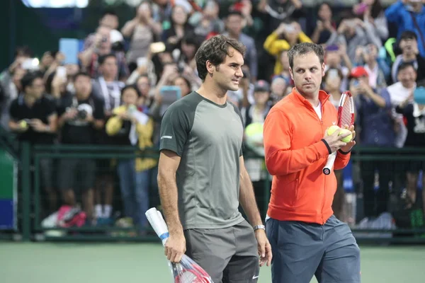 Roger Federer Suiza Izquierda Participa Una Sesión Entrenamiento Para Torneo — Foto de Stock