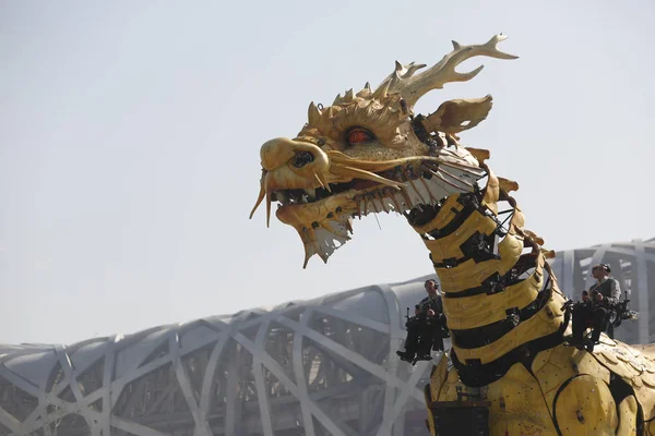 Des Spécialistes Étrangers Exploitent Long Dragon Horse Avant Spectacle Pour — Photo