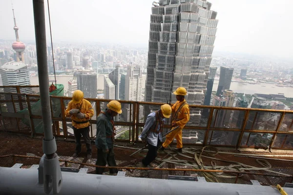 Chinesische Wanderarbeiter Schuften Stock Des Bau Befindlichen Shanghai Turms Finanzviertel — Stockfoto