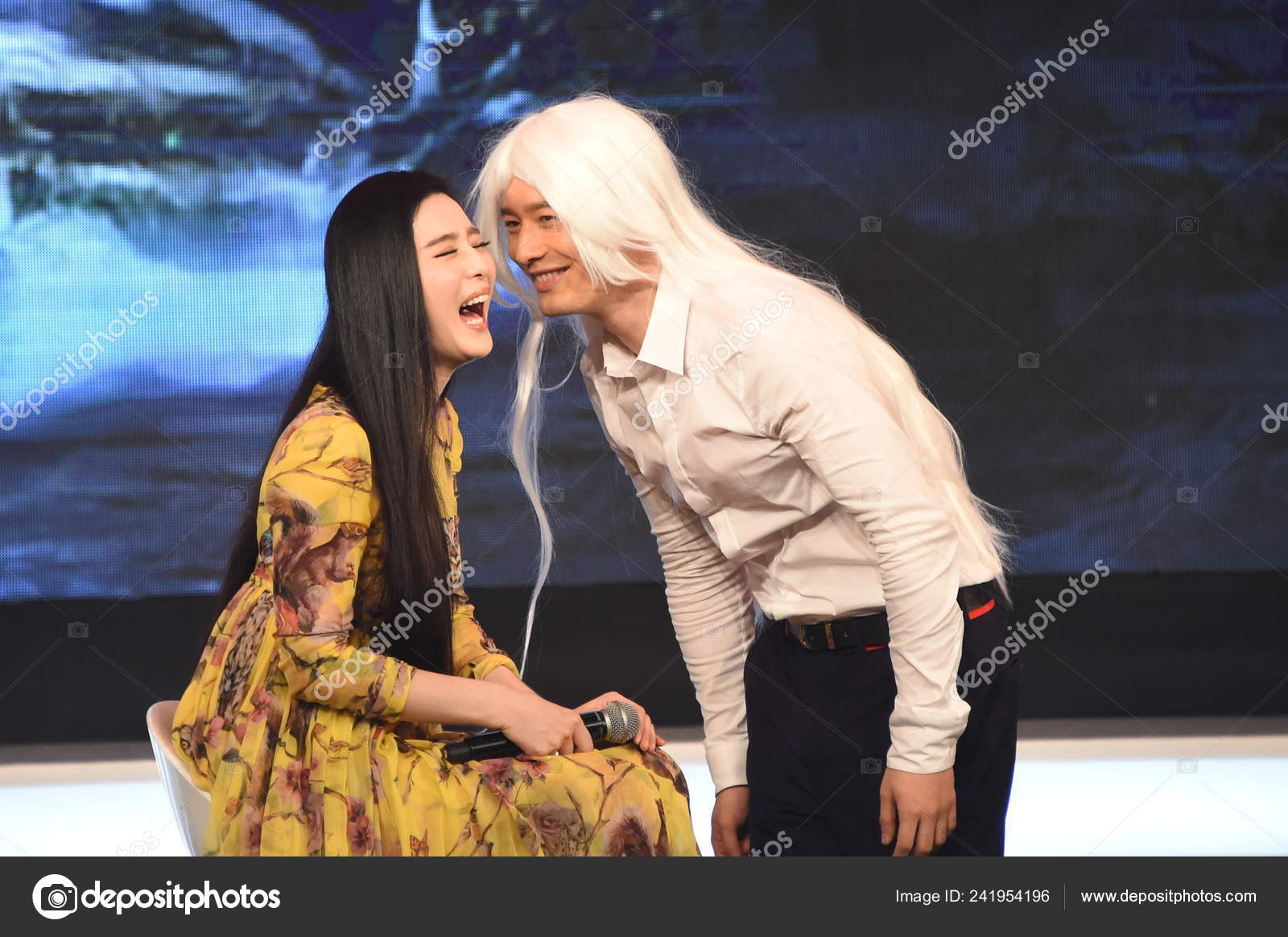 Chinese Actor Huang Xiaoming Right Wearing White Wig Actress Fan