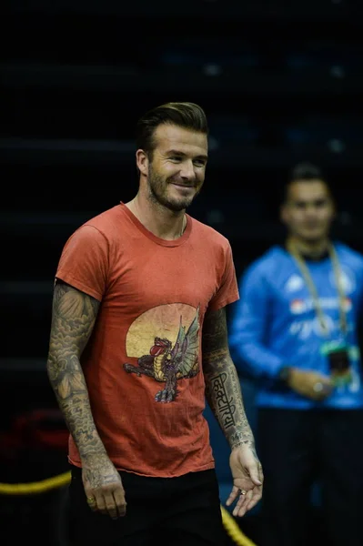 David Beckham Estrella Del Fútbol Inglés Sonríe Evento Entrenamiento Fútbol —  Fotos de Stock
