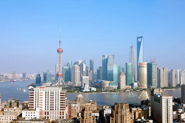 Visa Puxi Floden Huangpu Och Skyskrapor Och Höghus Finansdistriktet Lujiazui — Stockfoto