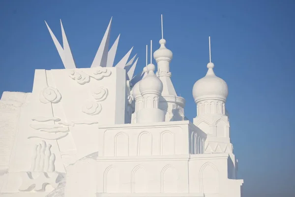 Kész Szobrok Láthatók Kijelzőn Előtt Harbin Sun Island International Snow — Stock Fotó
