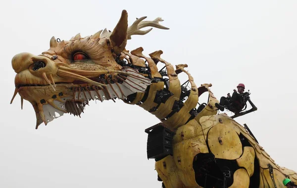 Кінь Dragon Скульптура Відображається Перед Пташиним Гніздом Стадіону Олімпійському Зеленому — стокове фото