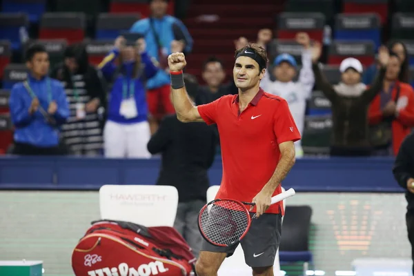 Roger Federer Suisse Célèbre Après Avoir Battu Florian Mayer Allemagne — Photo