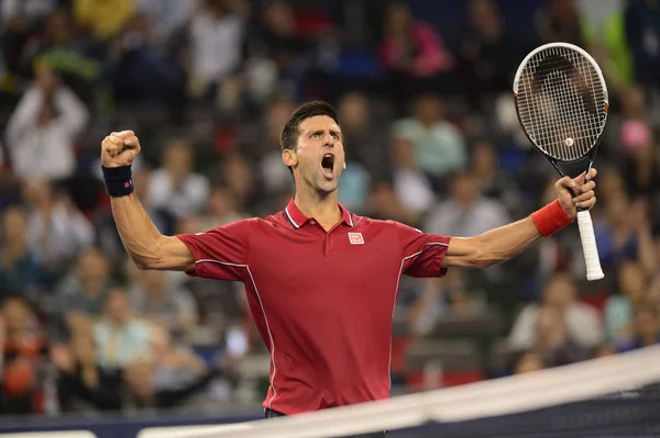 Novak Djokovic Serbie Célèbre Après Avoir Battu David Ferrer Espagne — Photo