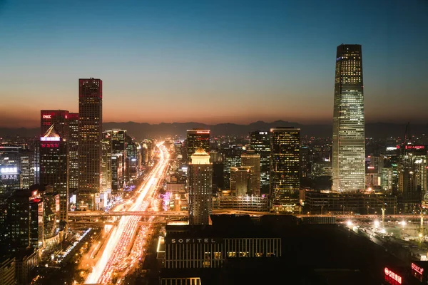 Night View Skyscrapers High Rise Buildings Busy Chang Avenue Downtown — Stock Photo, Image