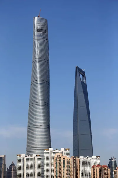Shanghai Tower Lewo Jest Trakcie Budowy Obok Shanghai World Financial — Zdjęcie stockowe
