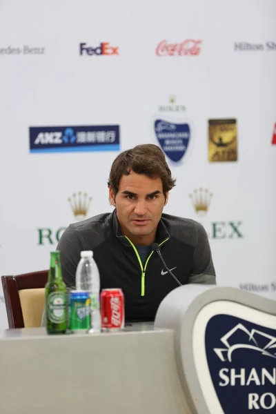 Schweiziska Tennis Superstjärna Roger Federer Sköter Presskonferens 2014 Shanghai Rolex — Stockfoto